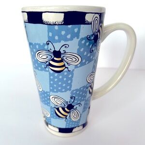 Signature Bug Me Alicia Tormey Design Tall Latte Stoneware Mug Blue Bumble Bees